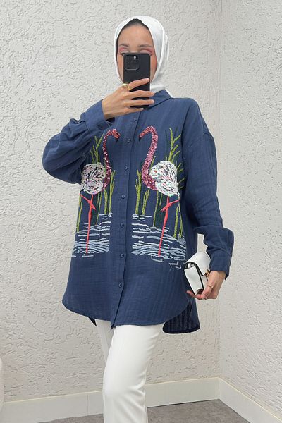 Salih Çelebi Swan Embroidered Tunic 2233 - Dark Blue