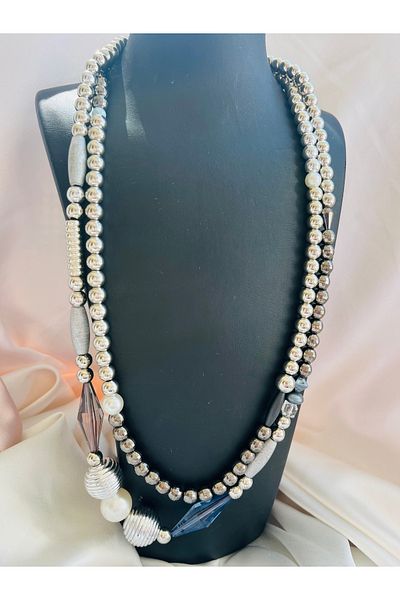 COCOSH TAKI Silver Color Beaded Blue Color Detailed Multi Long Twist Necklace