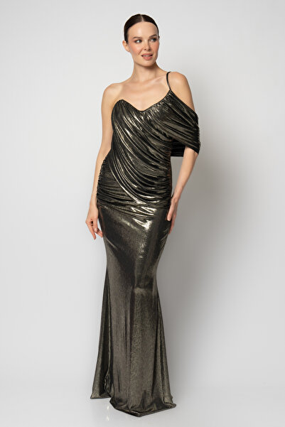 RENGIN Tek omzu düşük komple pileli abiye elbise