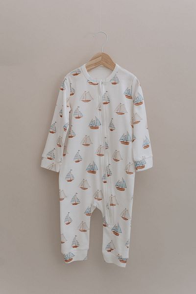 Tuğba Kuğu Zippered Jumpsuit Without Booties - Pureline Series - Sail Boats
