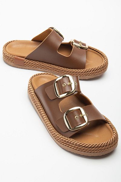 Hayalimdeki Ayakkabı Women's Brown Daily Double Buckle Comfortable Sole Straw Sandals Slippers
