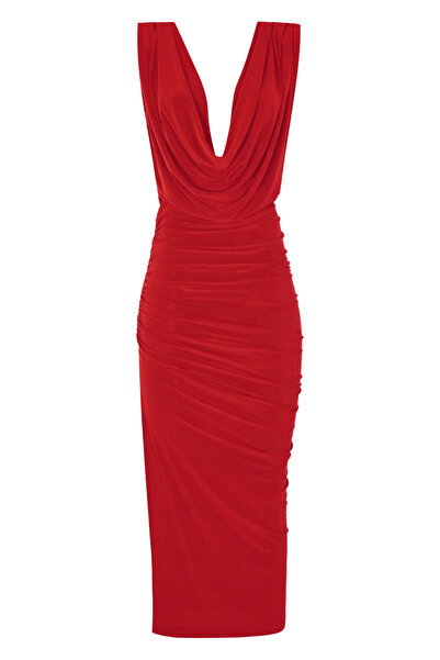 Whenever Company Kırmızı Degaje Yaka Drapeli Yandan Yırtmaçlı Midi Boy Abiye Elbise