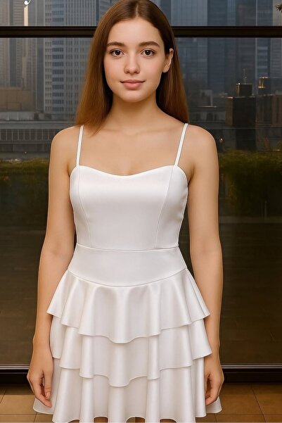 Elizar Moda فستان من الساتان متعدد الطبقات مع حمالات بيضاء
