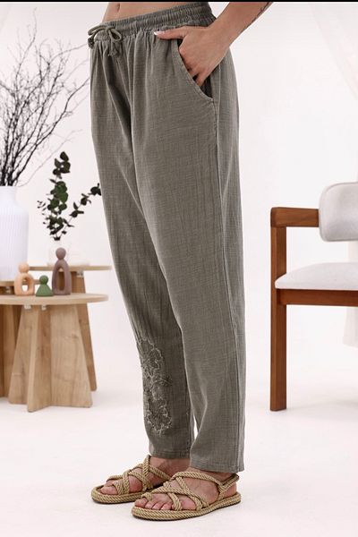 AYASOFYA OTANTIK Women's Khaki Elastic Waist Lace up Single Leg Sequin Embroidery Detailed Pocketed Carrot Leg Casual Linen Trousers