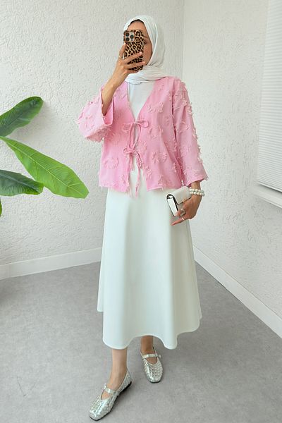 Salih Çelebi Patch Ripped Detailed Kimono 2330 - Pink
