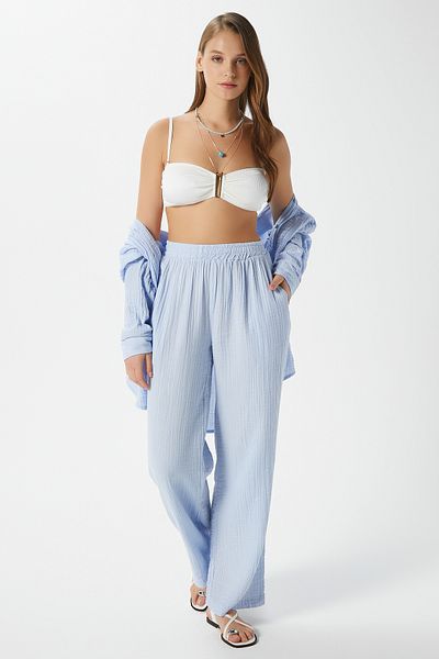 Ritnice Women's Maja 100% Cotton Muslin Blue Trousers with Elastic Waist