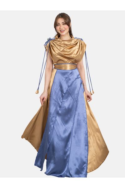 Nice Model Royal Gold Blue Satin Evening Gown Elegant Formal Dress Party Wear Designer Luxury Maxi Outfit