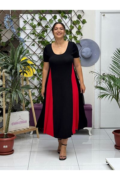 Punta Otantik Ms3122 Half Sleeve Lapel Viscose Dress Black Red