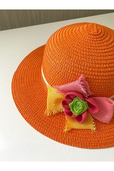 Petek Collection Straw Children's Beach Hat with Flower Accessories (3-9 Years)