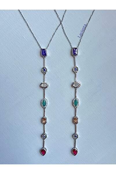 Lavienta قلادة على شكل حرف Y من الفولاذ والزركون باللون الفضي والذهبي