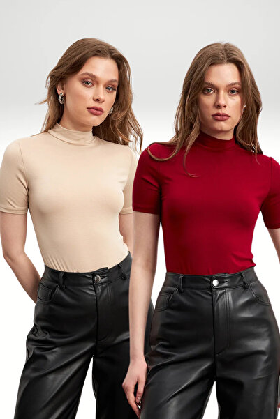 Ladima بلوزة نسائية بأكمام قصيرة باللون الكريمي العنابي مكونة من قطعتين