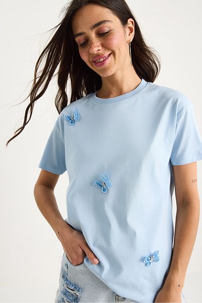 Bianco Lucci Women's Butterfly Accessory Crew Neck Cotton T-Shirt 60602071