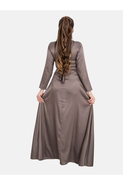 Nice Model Elegant Taupe Maxi Dress with Crystal Embellished Neckline - Long Sleeve Formal Evening Gown