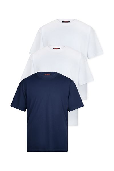 WERRONİ 3-Piece Oversize Massimo Thick Buckle Basic T-Shirt - White - White - Navy Blue