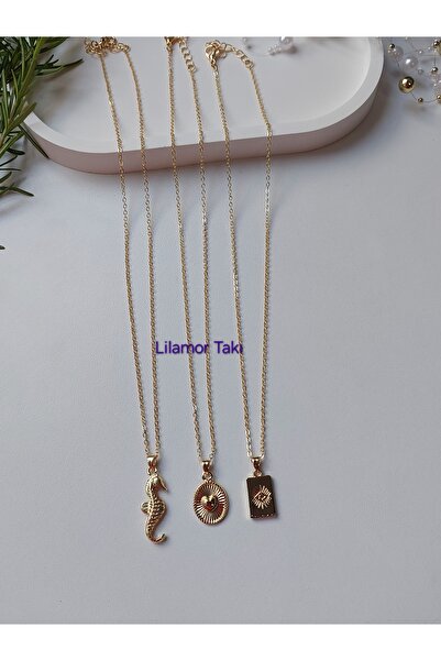 Lilamor 3'lü Gold Renk Denizatı,Kalp,Göz Kolye