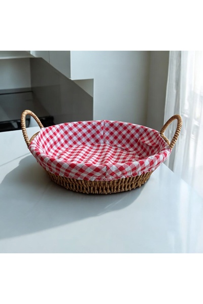 SepetçiBaba Wicker Look Plastic Bread Basket with Handle and Cloth Round - 601