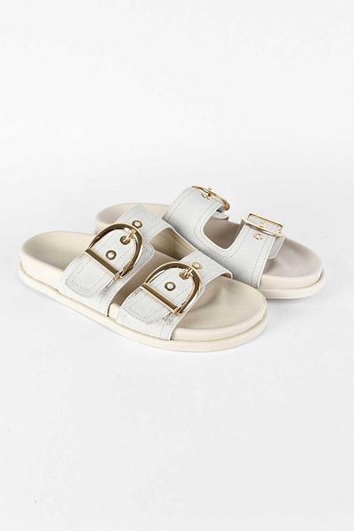 birizmoda Women's Suede Gold Buckle Double Striped Poly Sole Daily Slippers - Beige