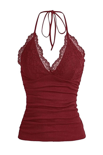 Bravebell Bordo Dantelli V Yaka Gothic Boyun Bağlamalı Full Body Crop