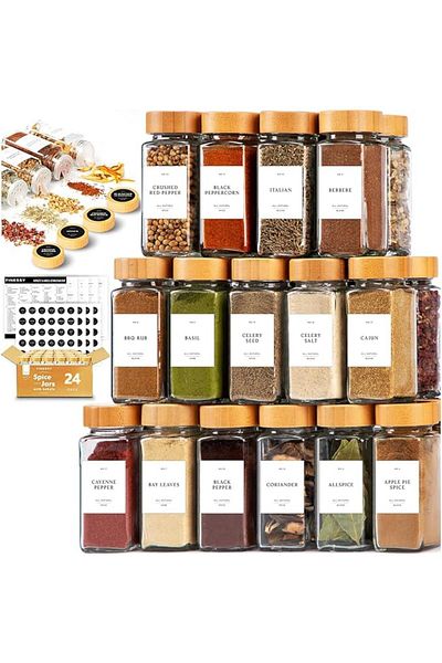 COOYA 24 Pcs Spice Jars with Labels - 4 oz Glass Spice Jars with Bamboo Lids, having Collapsible Funnel