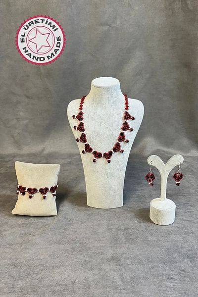 Uretti - Tuğba 9352 9177 Handmade Red Sand Bead Heart Model Jewelry Set