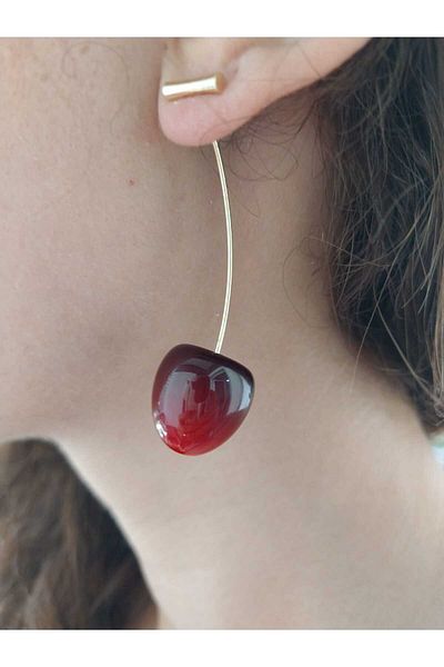 Gönülden Tasarım Steel Red Stone Charm Women's Earrings 6 cm