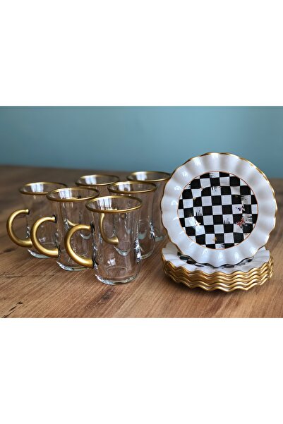 B&M Dama Desenli Kıvrımlı 12 Parça Çay Seti 6 Kişilik (Kulplu Bardak)