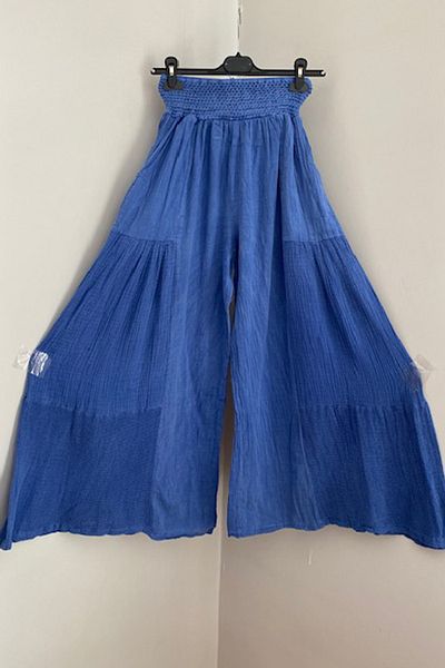 AYASOFYA OTANTIK Women's Blue Elastic Waist Pocketed Wide Leg Skirt Trousers with Mesh Detail