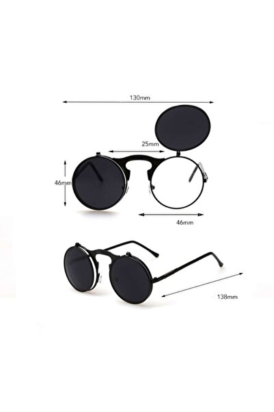 DYSTYLE Ochelari de soare rotunzi , model steampunk Flip Up, unisex, rame argintii si lentile negre