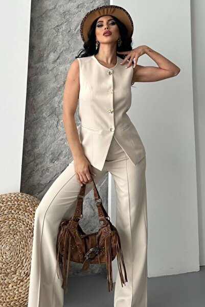 spirituel Women's Double Bottom Top Set Stylish Button Detailed Crew Neck Regular Vest Pants Set