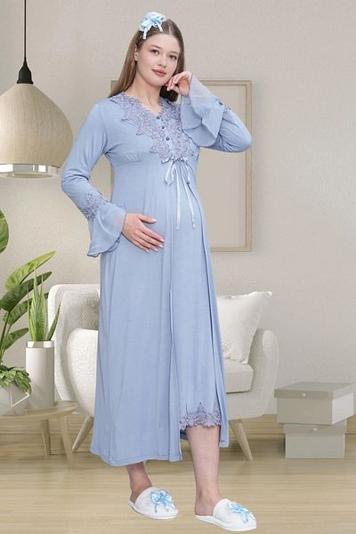 LOHOUSE Set de 2 cămăși de noapte pentru maternitate, albastru, cu design special, cu volan, lungime întreagă