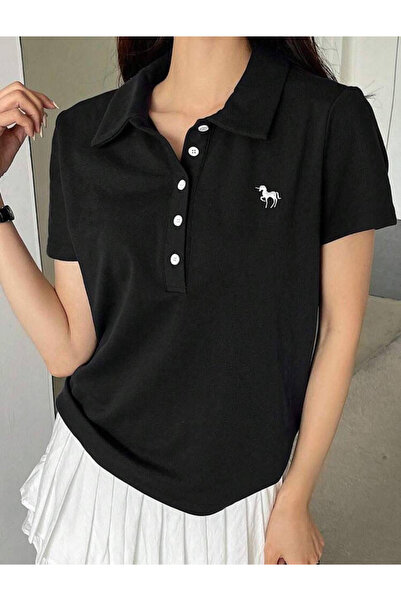 Bravebell Siyah Tek Boynuzlu At Baskılı Polo Yaka Düğmeli Kısa Kol Tshirt