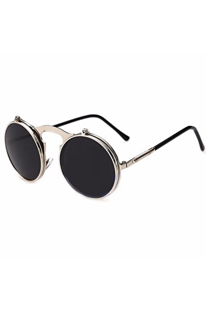 DYSTYLE Ochelari de soare rotunzi , model steampunk Flip Up, unisex, rame argintii si lentile negre