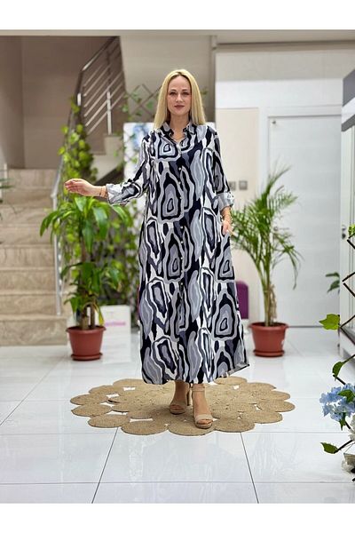 Punta Otantik Sln31107 Cotton Viscose Floor-Length Buttoned Long Selin Dress