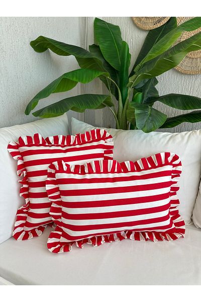 Decamor home Red Striped Ruffle Throw Pillow Case 1 Piece