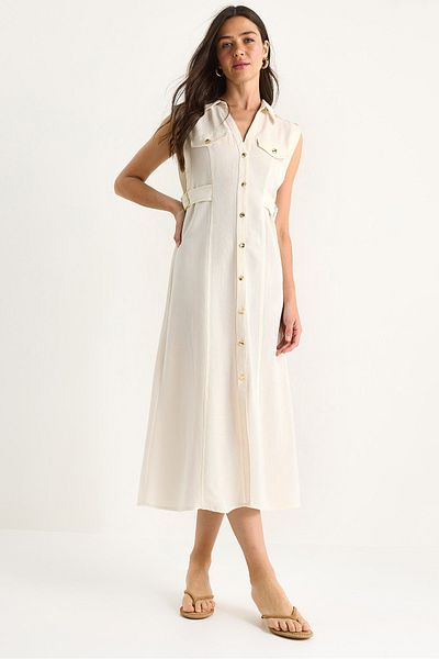 Bianco Lucci Women's Gold Buttoned Waist Detailed Linen Dress 7011 60283421