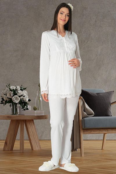 Pelin Women's Ecru Long Sleeve Lace Detailed Maternity Pajama Set