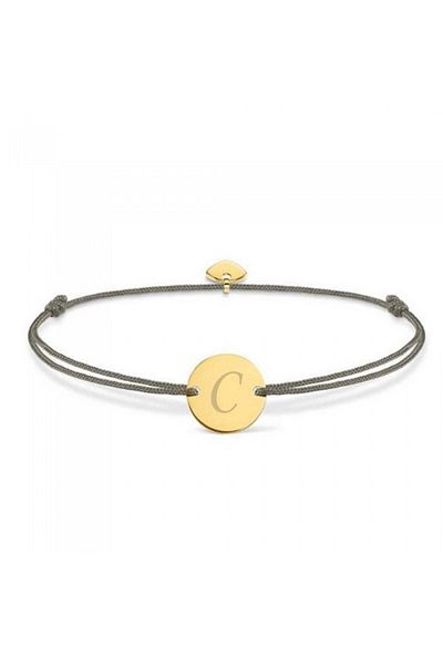 dalimag Adjustable bracelet, with round coin and heart, gold, engraved letter C, gray cord