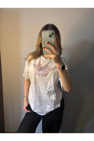 Bravebell تي شيرت أبيض وردي بأكمام قصيرة مطبوع عليه حجر الفراشة