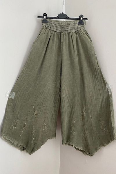 AYASOFYA OTANTIK Women's Khaki Feather Pattern Embroidered Elastic Waist Pocket Wide Leg Linen Trousers