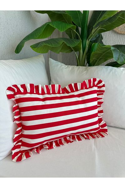 Decamor home Red Striped Ruffle Throw Pillow Case 1 Piece