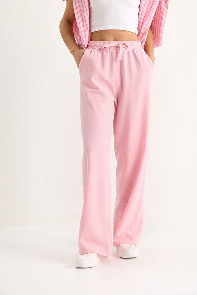 Bianco Lucci Women's Waisted Elastic Pocket Detailed Linen Palazzo Trousers R-6711 60283038