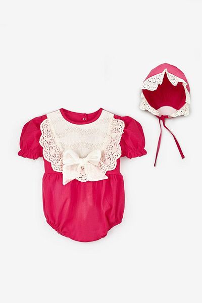 Le Mabelle Fuchsia Short Sleeve Baby Girl Jumpsuit with Hat Accessory - Perla