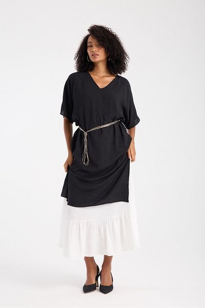 Su Moda Women's Dress Long Double Design V Neck Short Sleeve over Size