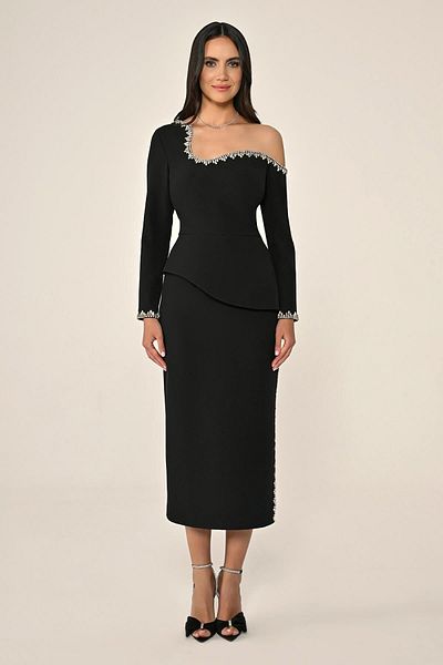 ALFABETA Asymmetrical Cut Top Stone Crepe Midi Evening Dress Alfabeta