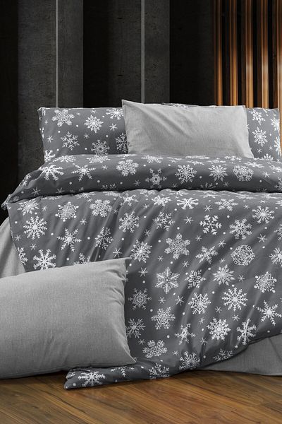 GARDEN ROOM Double Duvet Cover Set with Elastic Sheet Snowflake Anthracite