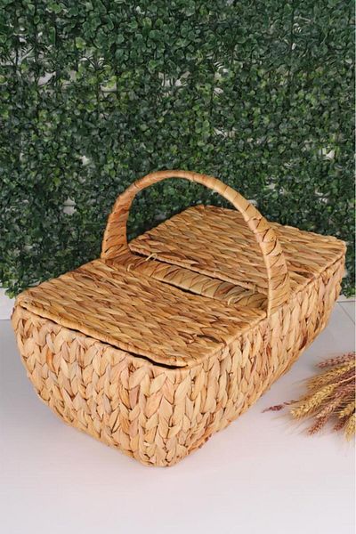 Atbyhome Handmade Water Hyacinth Large Size Wicker Knitted Picnic Basket with Lid Rectangular - 46X30Cm
