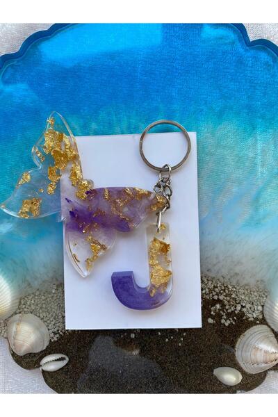 Yopoksi Desing سلسلة مفاتيح بتصميم خاص مطلية بالذهب الإيبوكسي حرف J