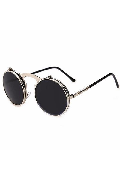 DYSTYLE Ochelari de soare rotunzi , steampunk Flip Up model, unisex, silver frames and black lenses