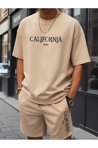 trendgar Beige California Printed Oversize Suit with Bottom Shorts