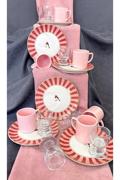 Erbaşlar Love Bird Red Coffee Side Cup 18 Piece Coffee Cup Set for 6 People, Set
